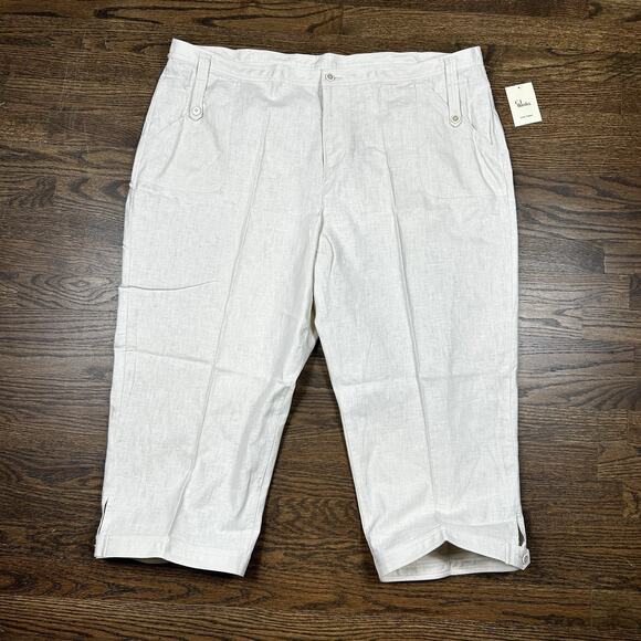 CJ Banks Pants Womens 22W Plus White Linen Cropped Button Tab Beach Resort NWT - Picture 1 of 12